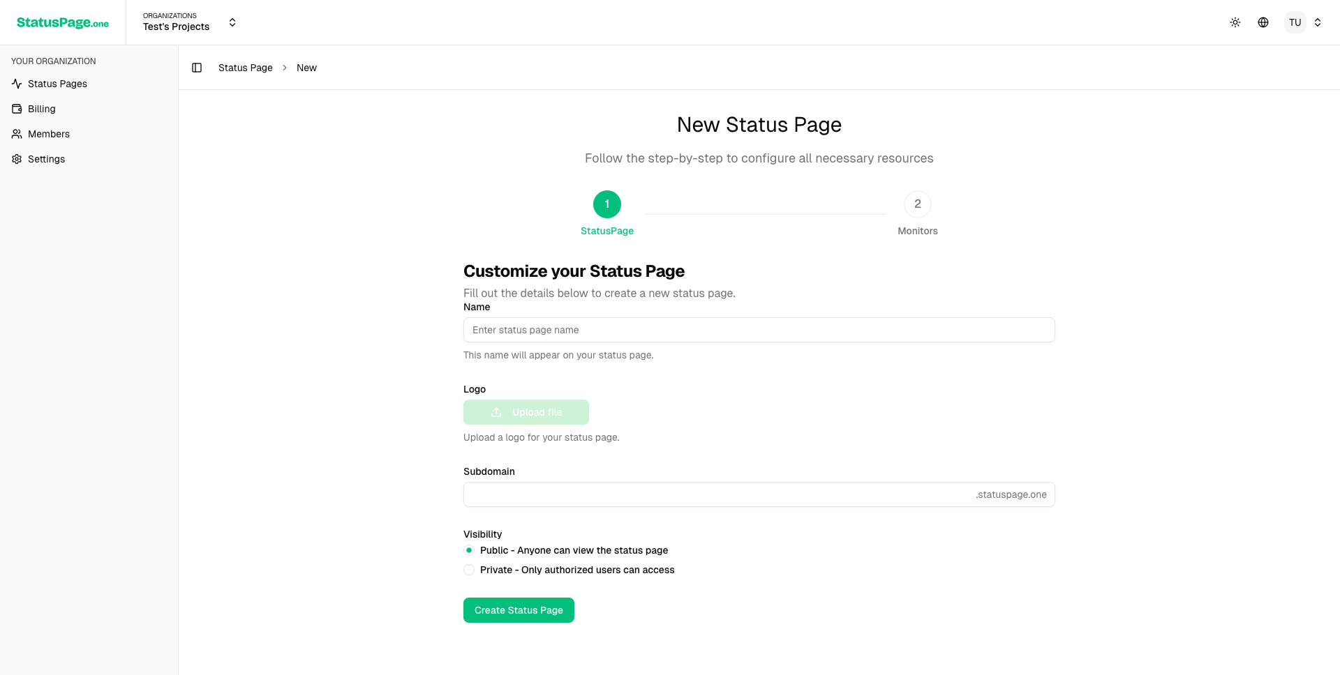 Create Status Page Form