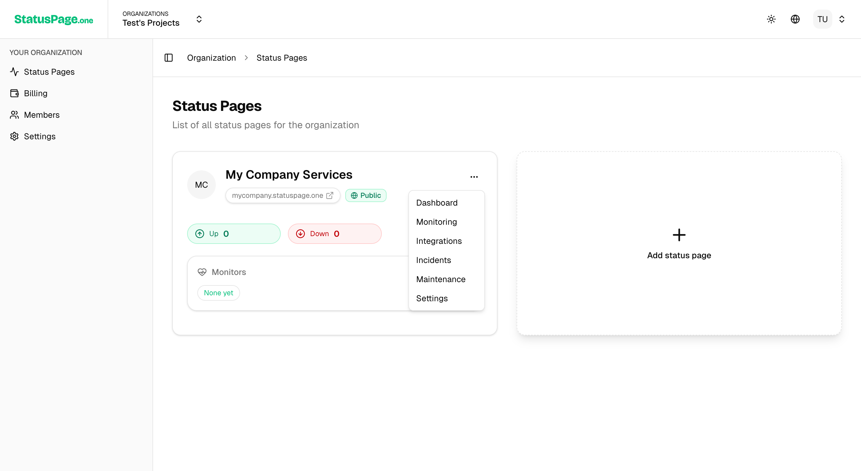 Status Page Management Menu