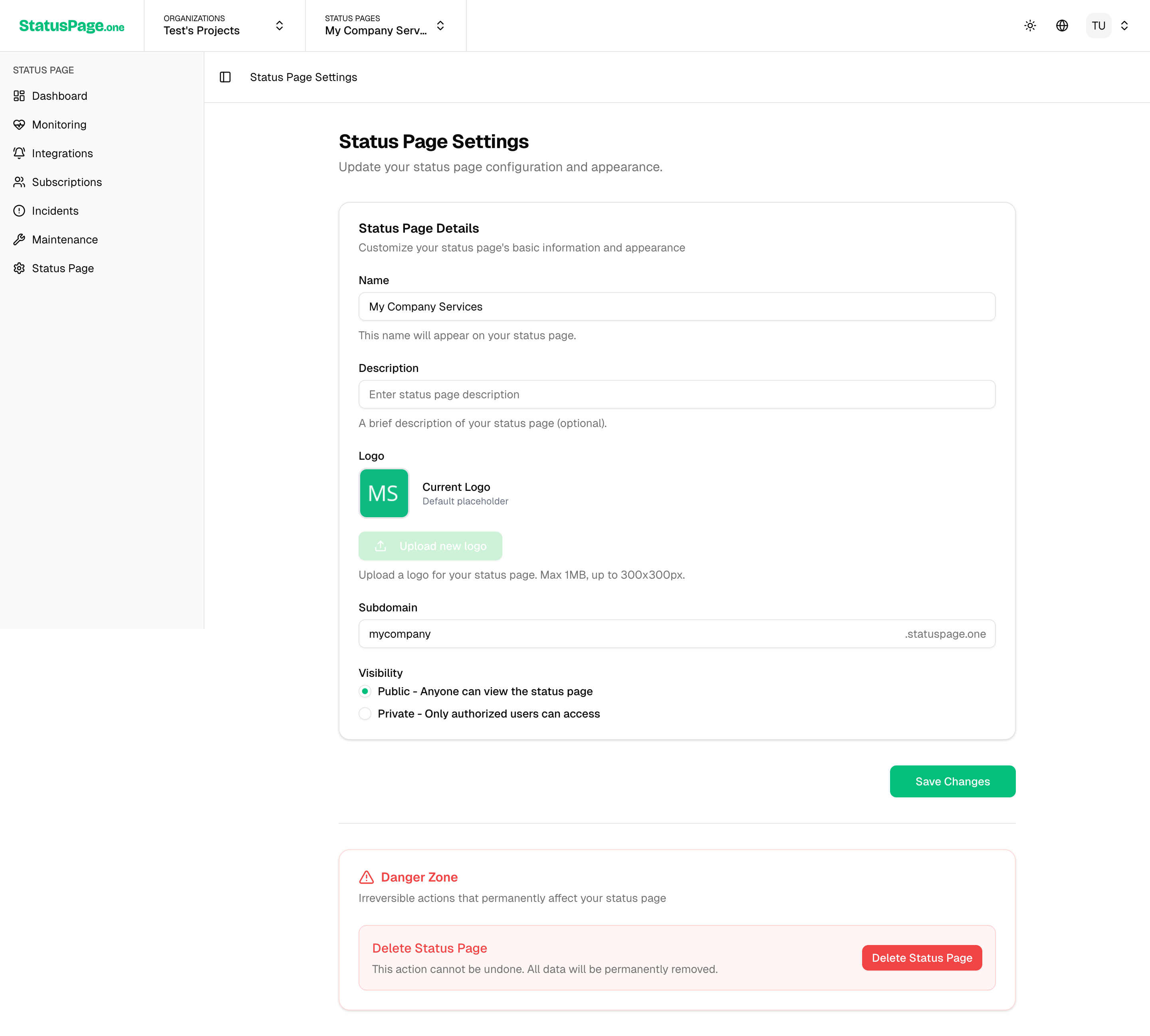 Status Page Settings